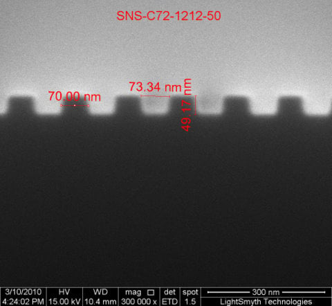 SEM Image of 139nm, 50nm Groove Depth Linear Silicon Nanostamps (Cross Section)
